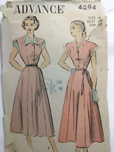 Dress Cap Sleeve V Neck 16 Advance 4894 Sewing Pattern Collared Button VTG 40s - Picture 1 of 7