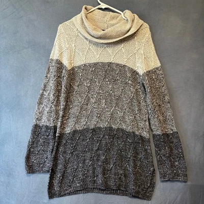 Jeanne Pierre Suéter Pescador Túnica Bloques de Color Cable Tejido Capucha Cuello Preppy LG Foto 1 de 4