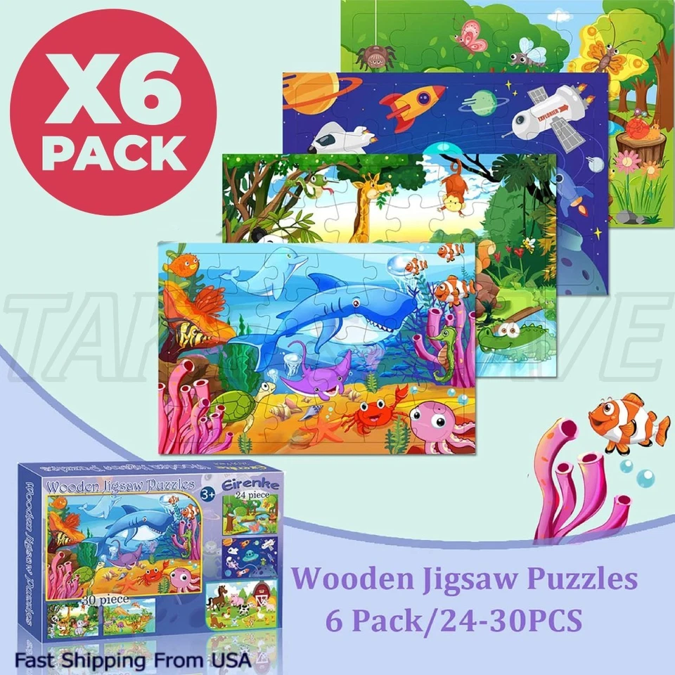 Puzzles for Kids, 6-Pack Educational Wooden Jigsaw Set for 3-5 Years Old Toddler - Image 1 of 4