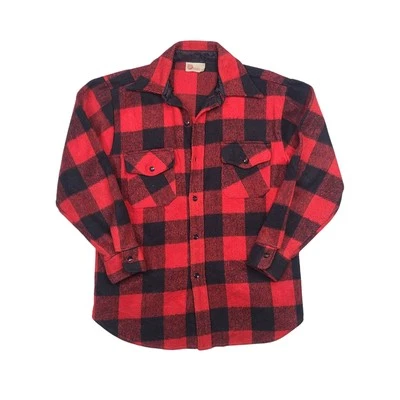 Vintage 60s Sears Kings Road Wool Buffalo Plaid Flannel Shirt Red Size Medium  - Image 1 of 4