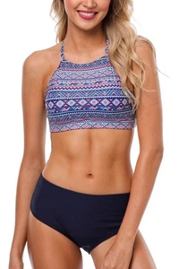 CharmLeak Women High Neck Bikini Swimwear Cross Back Vintage Swimsuit Navy Aztec - Picture 1 of 5
