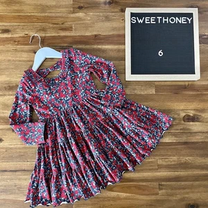 NEW SweetHoney Long Sleeve Flair Knit Dress - Midnight Blossom Blue Red Green 6 - Picture 1 of 9