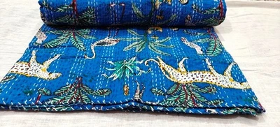 印度手积木大号棉花卉Kantha被子毯床罩 — 第 1/4 张图片