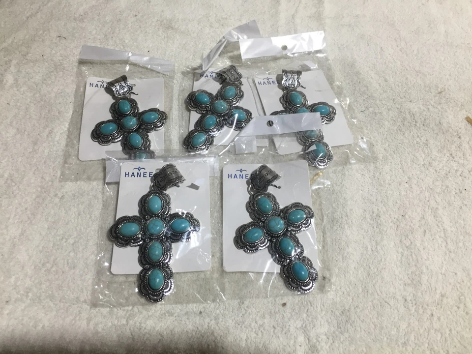 Lot Of 5 Faux Turquoise Cross Pendants Silver-Color Western Accent - Image 1 of 3