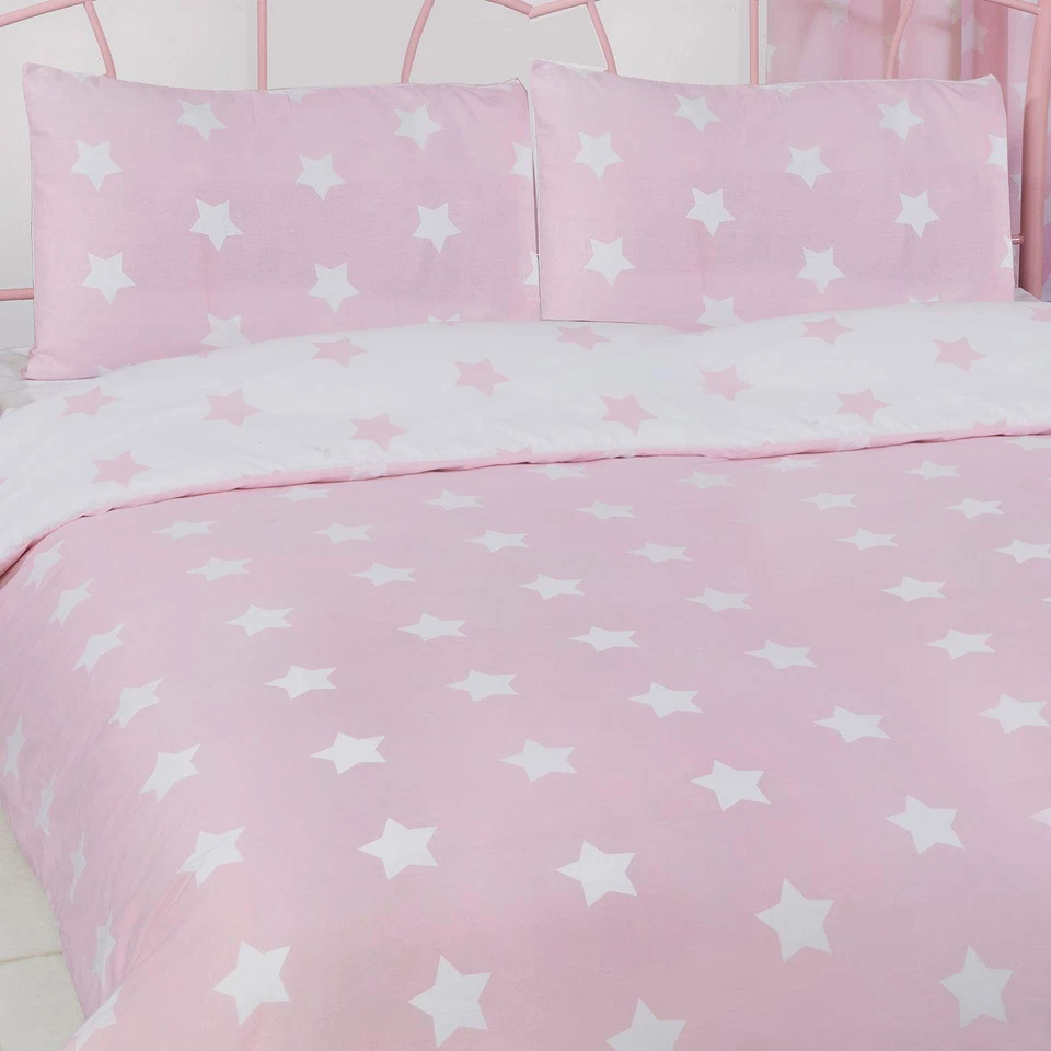 PINK WHITE STARS DOUBLE DUVET COVER & PILLOWCASE SET GIRLS