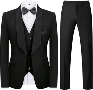 Rogers & Morris Men's Suit Lapel 3 Piece Black 3XL 48R 42W Satin Shawl Lapel 1B - Picture 1 of 7