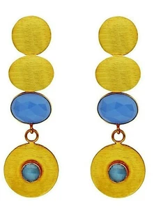 New 18K Gold Plated Dangling Earrings With Multi Faceted Blue Chalcedony Detail - Picture 1 of 3