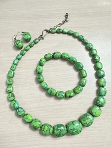 DRT Jay King Natural Green Turquoise Oval Bead Necklace Bracelet Earrings .925 - Bild 1 von 13