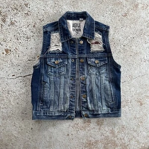 Kids Denim Vest Sz 7 Distressed Blue Sleeveless Stars Stripes Biker Patriotic - Picture 1 of 14
