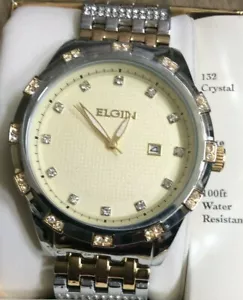 Elgin Men's Watch Round Gold Date Dial Crystal Hours Two Tone FG9100 New in Box! - Picture 1 of 2