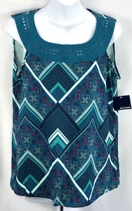 Psychedelic Tank Top S Teal Geo Floral crochet scoopneck Sleeveless Boho Hippie - Picture 1 of 5