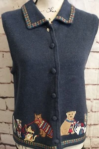 Cat Dog Kitten Sweater Vest Blue Womens Size Small Collar Covered Buttons  NEW - Picture 1 of 9