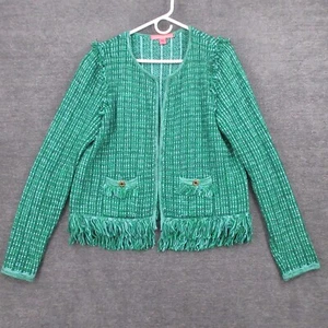Lilly Pulitzer Strickjacke Damen L Simora Fransen Grün Tweed Langarm Taschen - Bild 1 von 13
