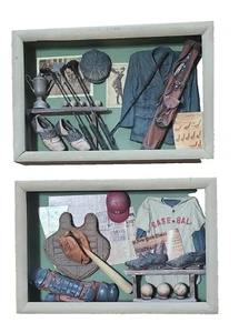 Handcrafted Golf & Baseball Diorama Shadow Boxes Wall Set 12''x8'' Vintage. - Picture 1 of 10