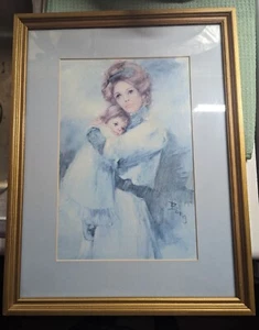 Stampa acquerello firmata Irene Borg, numerata, madre con bambino in blu vintage - Foto 1 di 6