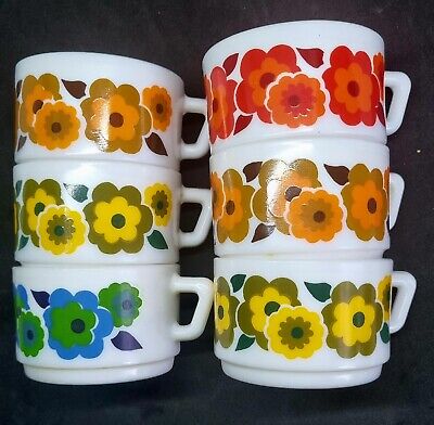 Lot De 6 Tasses à Café Vintage Arcopal Fleurs De Lotus Seventies Années 1970 • 19.90€