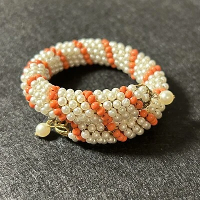 VTG Cuff Wrap Bracelet Memory Wire Orange & White Beaded Rope 1950s 60s - Image 1 of 4