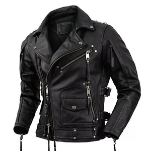 Chaqueta de cuero genuino para hombre negra café corredor motociclista Brando - Imagen 1 de 3