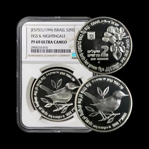 ISRAEL. 1996, 2 New Sheqalim, Silver - NGC PF69 - Nightingale and Fig RARE - Picture 1 of 5