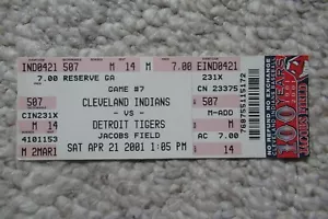 CLEVELAND INDIANS VS TIGERS 4/21/2001 FULL TICKET ~ JIM THOME (WALKOFF HR) - Picture 1 of 1