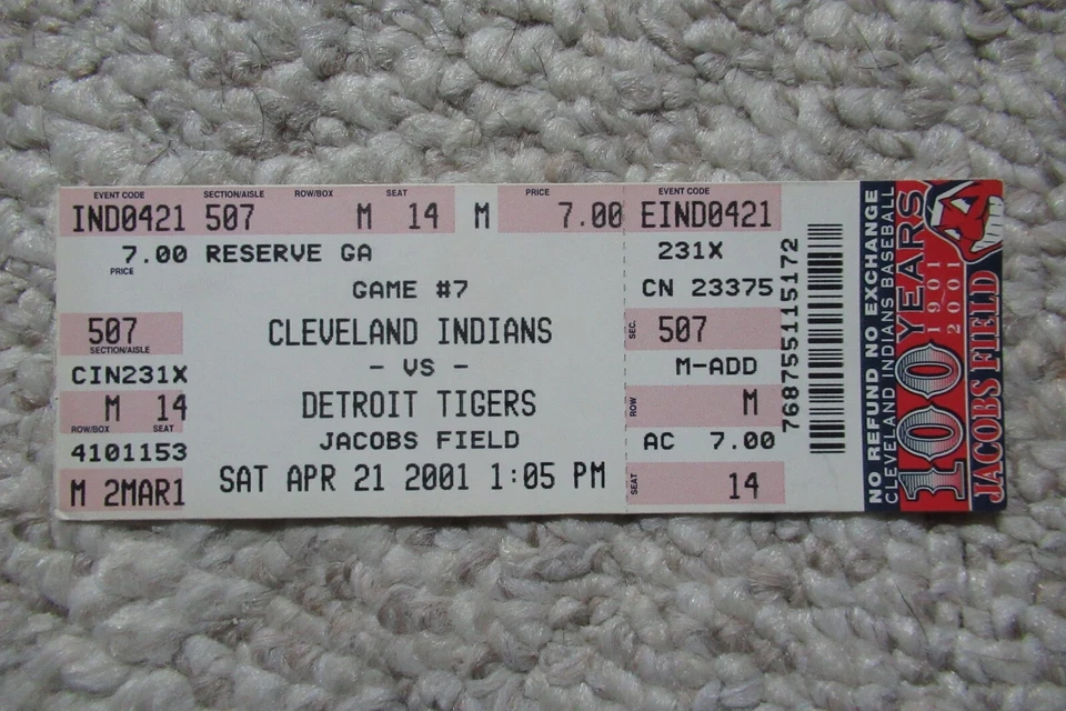 CLEVELAND INDIANS VS TIGERS 4/21/2001 FULL TICKET ~ JIM THOME (WALKOFF HR) - Image 1 of 1