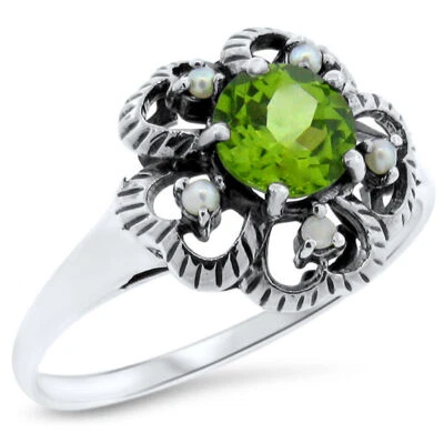 GENUINE PERIDOT & PEARL HEARTS VICTORIAN STYLE 925 STERLING SILVER RING     #380 - Image 1 of 4