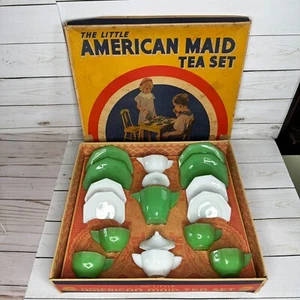 Juego de té de colección Akro Agate Little American Maid juguetes para niños platos verdes y blancos - Imagen 1 de 19