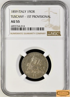 1859 Italy 1 Fiorino Tuscany - 1st Provisional, NGC AU55 - RARE  -#B36283 - Image 1 of 2