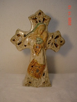 Virgin Mary Baby Jesus Glazed Ceramic Crucifix Candle Holder Votive Christ Light - Image 1 of 4