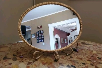 Vintage MCM Gold Twisted Metal Mirror with Metal Stand Wall Shelf Vanity 12.5" - Image 1 of 4