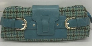 Vintage Banana Republic BR Wool Houndstooth Plaid Teal Blue Clutch Purse Bag - Picture 1 of 7