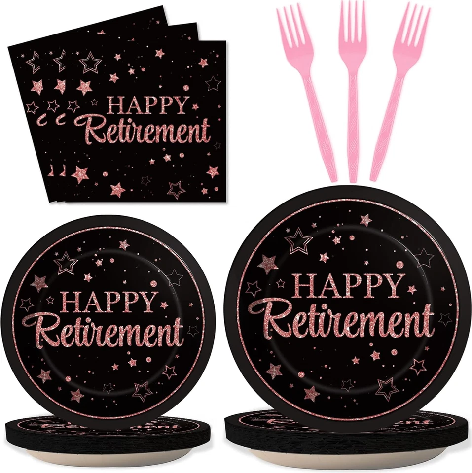 96 Pcs Retirement Party Plates Napkins Tableware Set Rose Gold Happy Retirement - Image 1 of 4