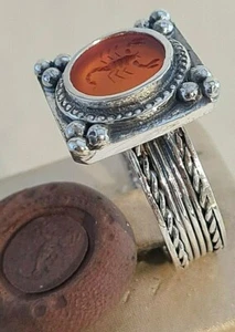 Anello Intaglio Argento Corniola Sigillo Stile Romano Fatto a Mano Vintage Look Antico - Foto 1 di 7