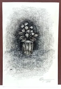 1992 LISTED RUSSIAN KONSTANTIN YAKUSHIN Sd ORIG INK PAINTING STILL LIFE FLOWERS - Picture 1 of 9