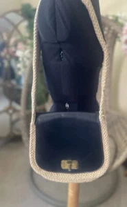 vintage 1970s salvatore ferragamo handbag. navy leather. jute/ Raffia - Picture 1 of 6