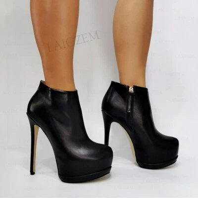 Mujeres Botas de Plataforma al Tobillo Cremallera Stiletto Tacones Altos Botines Negros Zapatos Mujer Foto 1 de 4