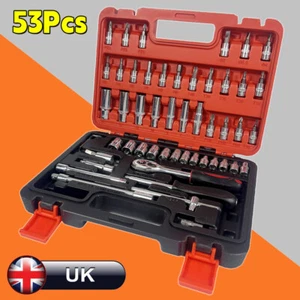 53Pcs Metric 1/4" Drive Socket Set Ratchet Wrench Screwdriver Bit Sets with Case - Picture 1 of 13