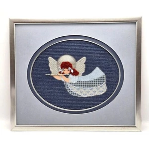 OOAK Needlework Cross Stitch Triple Matted Angel Playing Flute VTG 16 x 14" HM - Picture 1 of 11
