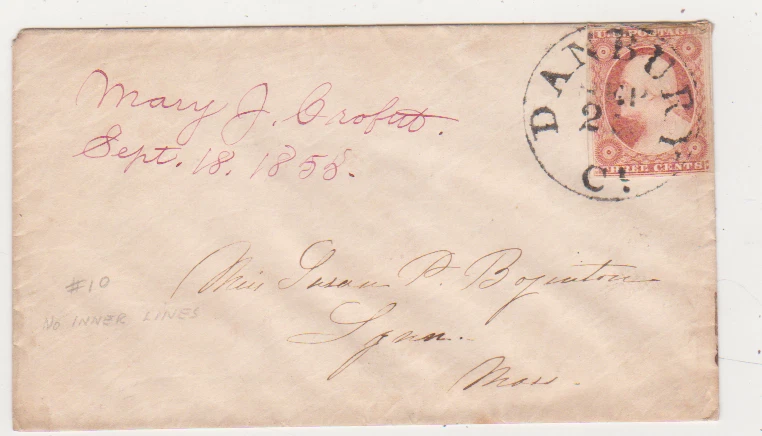 US Scott # 10 CDC 1852 Danbury Conn. Dated Sep.21  1852 ON COVER to Lynn Mass. - Image 1 of 1