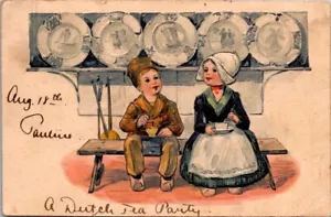 Postcard Dutch Children A Dutch Tea Party Embossed - Picture 1 of 2