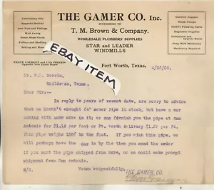 1905 CHARLES GAMER COMPANY Fort Worth Texas STAR & LEADER WINDMILLS letterhead - Picture 1 of 1