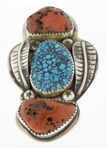 7.25 - Natural Sleeping Beauty Turquoise & Coral Ring By Daniel Coriz - Picture 1 of 4
