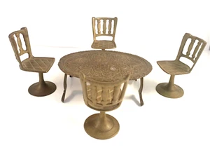 Doll House Miniature Brass Dining Table & (4) Chairs Doll Furniture Carved 4" - Picture 1 of 7