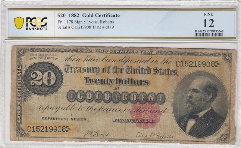 Fr. 1178 1882 $20 Gold Certificate PCGS F12  - Image 1 of 1