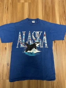 Vintage 90s Alaska Orca Whale T Shirt Jerzees Made USA Native Art L Blue - Picture 1 of 4
