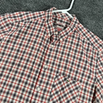 Lacoste Live Shirt Mens 42 Medium Orange Gray Plaid Short Sleeve Button Down - Image 1 of 4