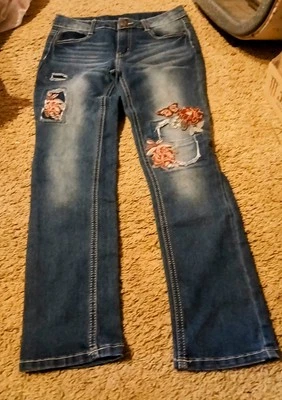  Faded Glory Youth Girl Dark Blue  Butterfly Flower Floral Skinny Jeans Sz 10 - Image 1 of 4