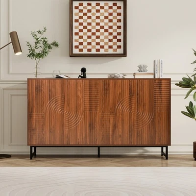 Walnut Sideboard Buffet Cabinet 59*16*33 inches Geometric Carved Storage Cabinet - Image 1 of 4