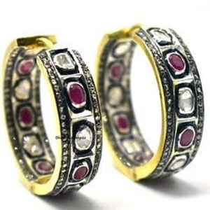 Natural Diamond Polki And Ruby Band Earrings Jewelry 925 Sterling Silver Jewelry - Picture 1 of 2