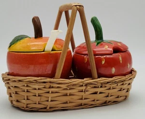 Ceramic Jelly Jam Jars In Basket Fruit Form Strawberry Green Red Yellow Japan - Bild 1 von 23